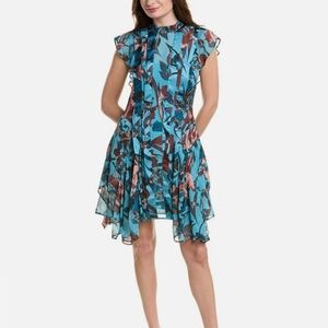 All Saints Blue and Orange Asymmetrical Tiered Midi Dress